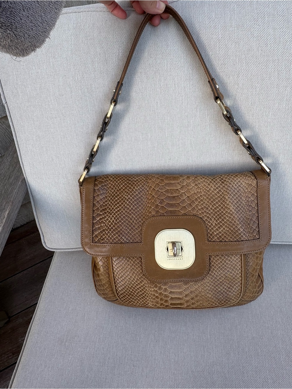 Longchamp Tan Embossed Leather Shoulder Bag with Chain Strap - Picture 2 of 10